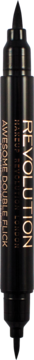 Dwustronny czarny eyeliner Revolution Double Flick, pionowy widok na pisak z ostrymi końcówkami.