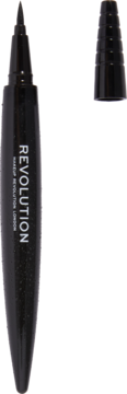 Czarny wodoodporny eyeliner Revolution Renaissance Flick w pisaku, z precyzyjną końcówką, skuwka leży obok.