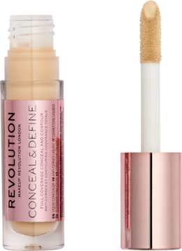 Płynny korektor Revolution Conceal&Define C5.7, beżowy, w szklanej butelce z rose gold. Widok na otwarty produkt z aplikatorem.