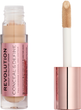 Revolution Conceal & Define C7, jasny beżowy korektor w butelce z rose gold nakrętką i aplikatorem.