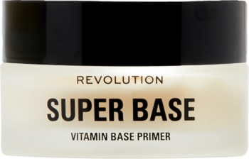 Słoik Revolution Super Base Vitamin Base Primer w matowym szkle, z czarną nakrętką, widok z przodu.