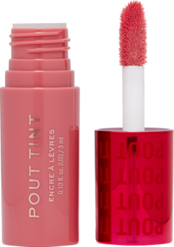 Revolution Pout Tint Sweet Pink, nawilżająca pomadka. Otwarta butelka z aplikatorem, zamknięta obok.