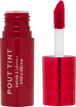 Czerwona, otwarta pomadka Revolution Pout Tint Sizzlin Red z błyszczącym wykończeniem i dużym aplikatorem.