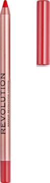 Revolution Satin Kiss Lip Liner Ruby Red, pionowa kremowa konturówka w różowozłotej obudowie z czerwoną skuwką obok.