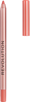 Jasno koralowa, kremowa konturówka Revolution Satin Kiss Lip Liner, pionowa, z metalicznym blaskiem i osobną nakładką.