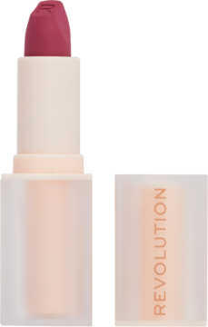 Otwarta satynowa pomadka Revolution Lip Allure Berry Boss, jasne opakowanie, różowy sztyft, widoczna nakrętka.