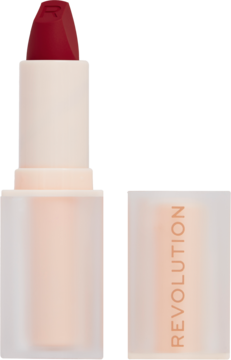 Otwarta satynowa pomadka Revolution Lip Allure Brick Red w matowej, jasnej tubce, z logo R na sztyfcie.