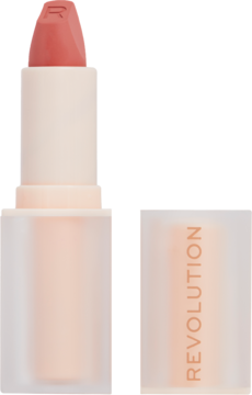 Satynowa pomadka Revolution Lip Allure Brunch Pink Nude, otwarta, z widoczną nakrętką i logo.