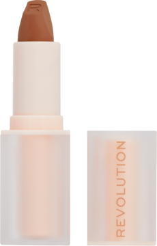 Pomadka Revolution Lip Allure Soft Satin Divine Brown w otwartej, matowej tubie z nakrętką z logo.