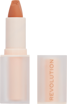 Satynowa pomadka Revolution Lip Allure w odcieniu Lover Nude, otwarta, z nakrętką obok, na jasnym tle.