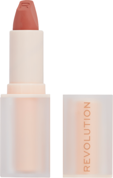 Revolution szminka Lip Allure Soft Satin Queen Pink, w beżowym, matowym opakowaniu, z otwartą szminką i oddzieloną skuwką obok.