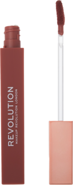 Matowa pomadka Revolution IRL Whipped Lip Crème Frappuccino Nude, brązowa, z wyjętym aplikatorem, pionowo.