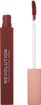 Matowa pomadka Revolution IRL Whipped Lip Crème w kolorze Burnt Cinnamon, w prostokątnej tubie z wyciągniętym aplikatorem.