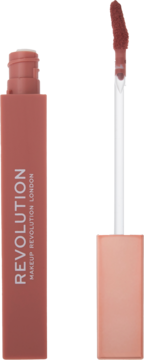 Karmelowa, matowa pomadka Revolution IRL Whipped Lip Crème. Prostokątna tubka, aplikator częściowo wyjęty.