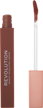 Płynna pomadka Revolution IRL Whipped Lip Crème Espresso Nude, brązowa, matowa butelka z wysuniętym aplikatorem.