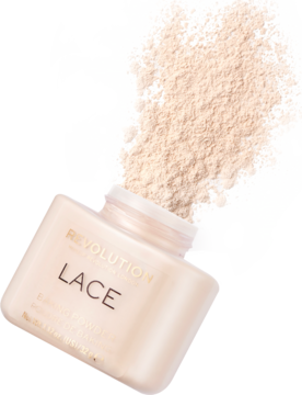 Sypki puder Revolution Baking Powder Lace w otwartym, przezroczystym słoiczku, z beżowym pudrem rozsypanym na tle.