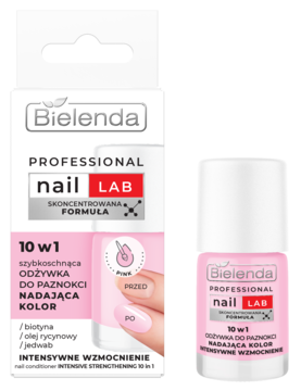 Bielenda Professional Nail Lab 10w1, szybkoschnąca różowa odżywka z biotyną, w pudełku i butelce.
