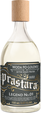 Prastara Legend No.01 woda po goleniu, szklana butelka z drewnianym korkiem, frontowy widok na etykietę.