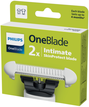 Philips OneBlade Intimate SkinProtect, 2 ostrza w zielono-białym opakowaniu, z ostrzem z białymi grzebieniami na maszynce.