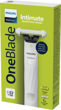 Biała maszynka Philips OneBlade Intimate z ostrzem SkinProtect i osłonką, w zielono-białym pudełku, przód.