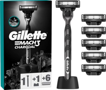 Zestaw Gillette Mach3 Charcoal: czarna maszynka z rączką, 5 wkładów, stojak i opakowanie z oznaczeniem 1+1+6.