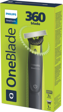 Zielone pudełko Philips OneBlade QP2724-23 z maszynką do golenia '360 blade', przód i bok.