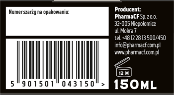 Tył czarnego opakowania boostera do brody i włosów, z kodem kreskowym i danymi producenta PharmaCF.