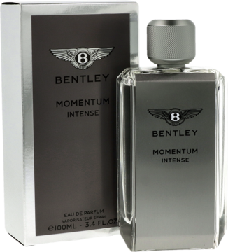 Bentley Momentum Intense woda perfumowana w srebrno-szarym flakonie i pudełku, stojące, widok frontalny.