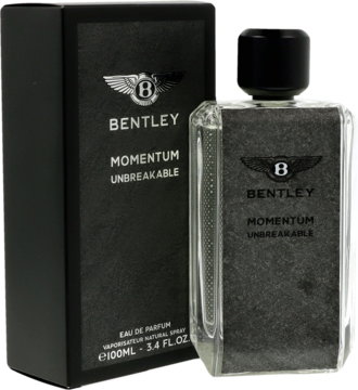Bentley Momentum Unbreakable woda perfumowana, przezroczysty flakon i czarne opakowanie z logo, widok z przodu.