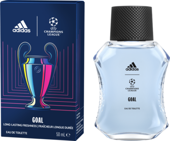 Adidas UEFA Champions League Goal woda toaletowa, przezroczysta butelka z błękitnym płynem i ciemne pudełko.