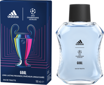 Adidas UEFA Champions League Goal EDT, niebieska butelka perfum męskich i kartonik z logo, widok z przodu.