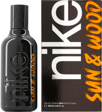 Perfumy Nike Sun & Wood EDT 100ml w czarnym, matowym flakonie i pudełku, z pomarańczowo-srebrnym napisem.