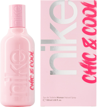 Różowa matowa butelka Nike Chic & Cool 100ml i pasujące pudełko z srebrnym logo, widok z przodu.