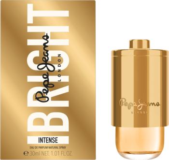 Pepe Jeans London Bright Intense, złota woda perfumowana w eleganckim flakonie baterii, obok pasujące pudełko.