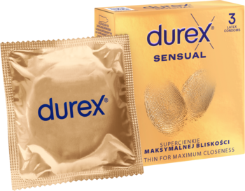 Złote opakowanie prezerwatyw Durex Sensual i pojedyncza prezerwatywa w folii, widok z przodu. Ultra cienkie dla bliskości.