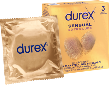 Durex Sensual Extra Lube, złote opakowanie prezerwatyw i pojedyncza saszetka, dla maksymalnej bliskości.