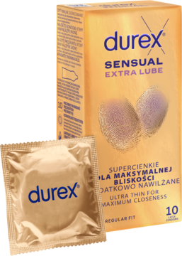 Złote pudełko Durex Sensual Extra Lube i prezerwatywa, ultra cienkie, dla maksymalnej bliskości, 10 sztuk.