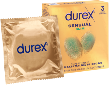 Złota prezerwatywa Durex Sensual Slim w folii oraz opakowanie 3 sztuk "Thin for Maximum Closeness".