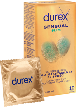 Pojedyncza prezerwatywa w złotym opakowaniu na pierwszym planie, za nią pudełko Durex Sensual Slim Ultra Thin.