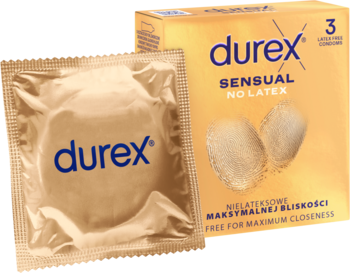 Nielateksowe prezerwatywy Durex Sensual. Złote opakowanie 3 szt. i pojedyncza w folii. Widok z przodu.