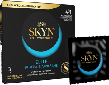 Czarne pudełko prezerwatyw SKYN Elite Ekstra Nawilżane, 3 szt., z niebieskim logo i 40% więcej lubrykantu. Obok opakowanie.