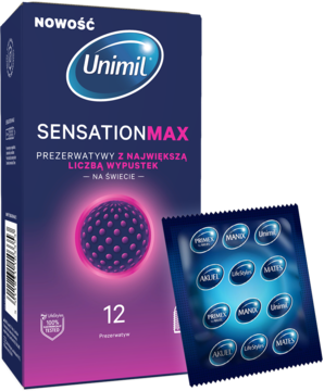 Nowość! Prezerwatywy Unimil Sensation Max, 12 sztuk, w niebieskim pudełku z wypustkami; folia kondomu.