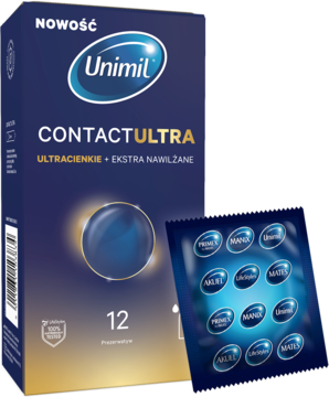 Unimil Contact Ultra, ultracienkie prezerwatywy, opakowanie 12 sztuk na granatowo-złotym tle, obok otwarty listek.