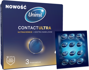 Granatowe opakowanie Unimil Contact Ultra ultracienkich prezerwatyw, z napisem Nowość i blisterem, widok pod kątem.