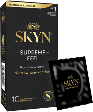 Widok z przodu czarnego opakowania prezerwatyw SKYN Supreme Feel, najcieńszych na świecie, z saszetką.
