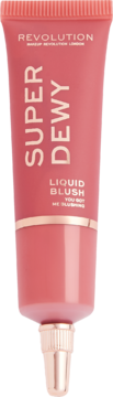 Różowa tubka Revolution Superdewy Liquid Blush You Got Me Blushing, z różowo-złotym aplikatorem, widok z przodu.