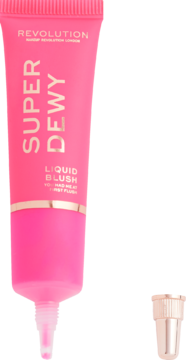 Róż do policzków Revolution Superdewy Liquid Blush w intensywnie różowej tubce, widok z przodu, z białymi napisami.
