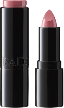 Dwie nawilżające pomadki IsaDora Perfect Moisture Lipstick 227 Pink Pompas: czarna zamknięta i otwarta z różowym sztyftem.