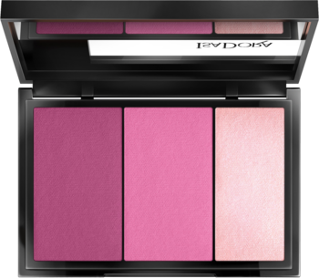 Otwarta paleta IsaDora Blush Trio Fuchsia z trzema różami: ciemna, średnia i jasna fuksja, z lusterkiem.
