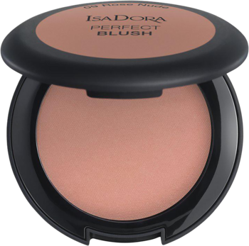 Otwarty kompakt IsaDora Perfect Blush 09 Rose Nude, widok z góry na różany nudziak puder z połyskiem.